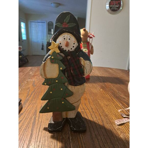 Wood Snowman Figurine 14” Rustic Farmhouse Christmas Tree Holiday Shelf Decor - Picture 1 of 7